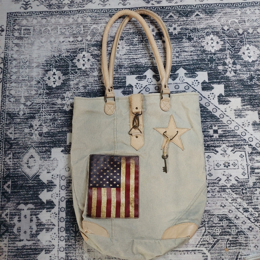 Vintage Addiction US Flag Canvas  Leather‎ Handles Tote Bag